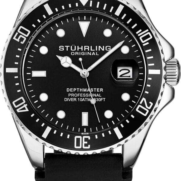Stuhrling Original Men's Watch Dive Watch Silver 42 MM Case with Screw Down Crown Rubber Strap Water Resistant to 330 FT