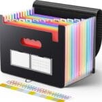 Sooez Accordion File Organizer, 12 Pockets Expanding File Folder, Portable Monthly Paper Bill Tax Receipt Organizer, Letter A4 Size Document Holder with Blank Labels, Black