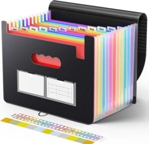 Sooez Accordion File Organizer, 12 Pockets Expanding File Folder, Portable Monthly Paper Bill Tax Receipt Organizer, Letter A4 Size Document Holder with Blank Labels, Black