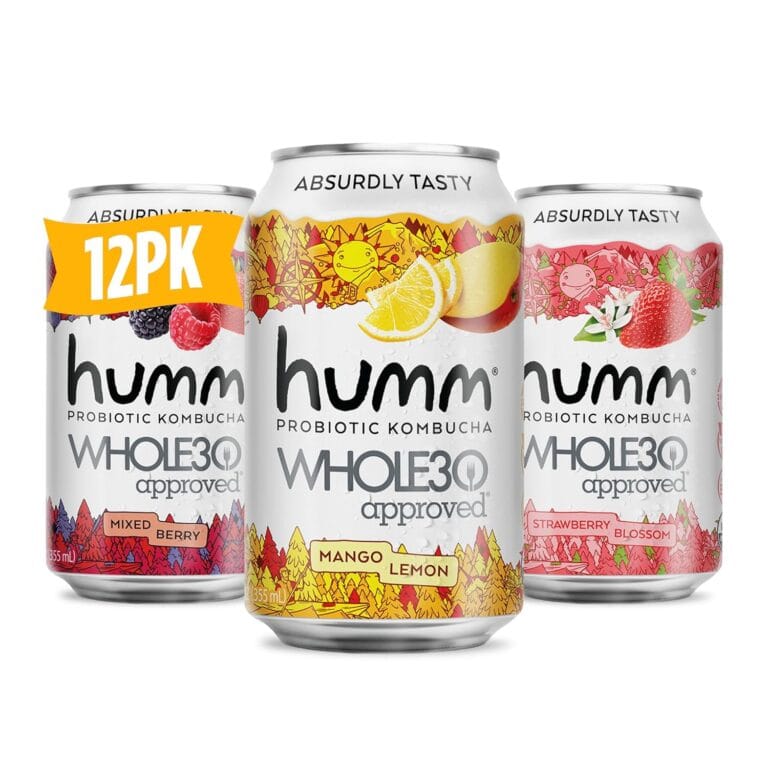 Humm Whole30 Approved Kombucha Variety Pack, Mango Lemon, Mixed Berry, Strawberry Blossom, Organic, Vegan & GMO Free (12 Pack)