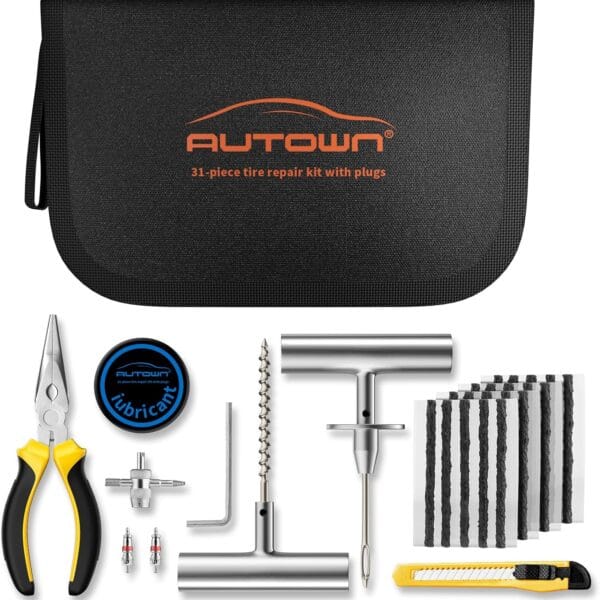 Flat Tire Repair Kit with Plugs 31 Pcs for Car, Motorcycle, ATV, Jeep, Truck, Tractor Flat Tire Puncture Repair