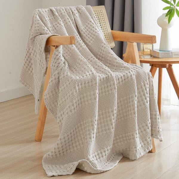 PHF 100% Cotton Waffle Weave Throw Blanket, Soft Lightweight Breathable Cozy Summer Throws for Couch Bed Sofa, Luxury Aesthetic Woven Blanket for Home Decor & Office, 50"x60", Oatmeal