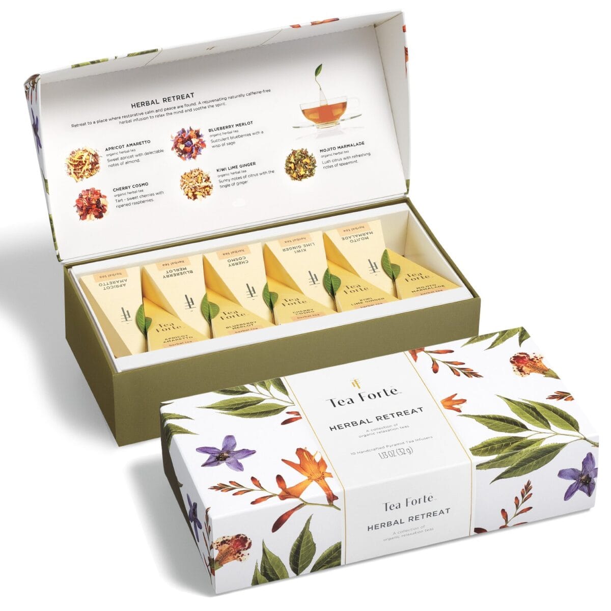 Tea Forte Herbal Retreat Organic Caffeine Free Premium Herbal Tea Petite Presentation Box Mother's Day Tea Gift Set Sampler, 10 Handcrafted Pyramid Tea Bag Infusers