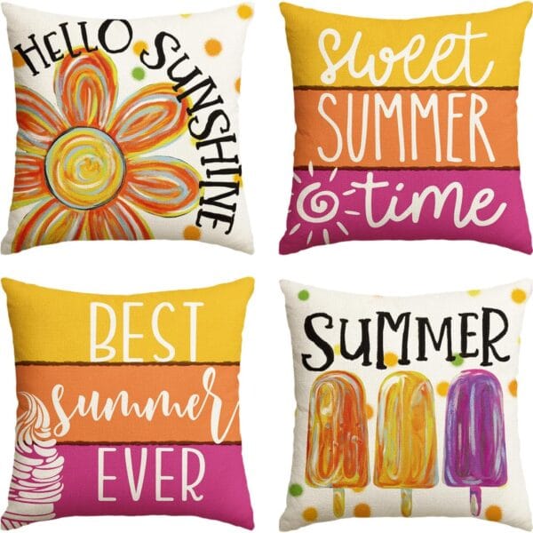 AVOIN colorlife Hello Sunshine Floral Sweet Summer Time Throw Pillow Covers, 18 x 18 Inch Popsicle Ice Cream Polka Dots Stripes Best Summer Ever Holiday Seasonal Cushion Case Decorations Set of 4
