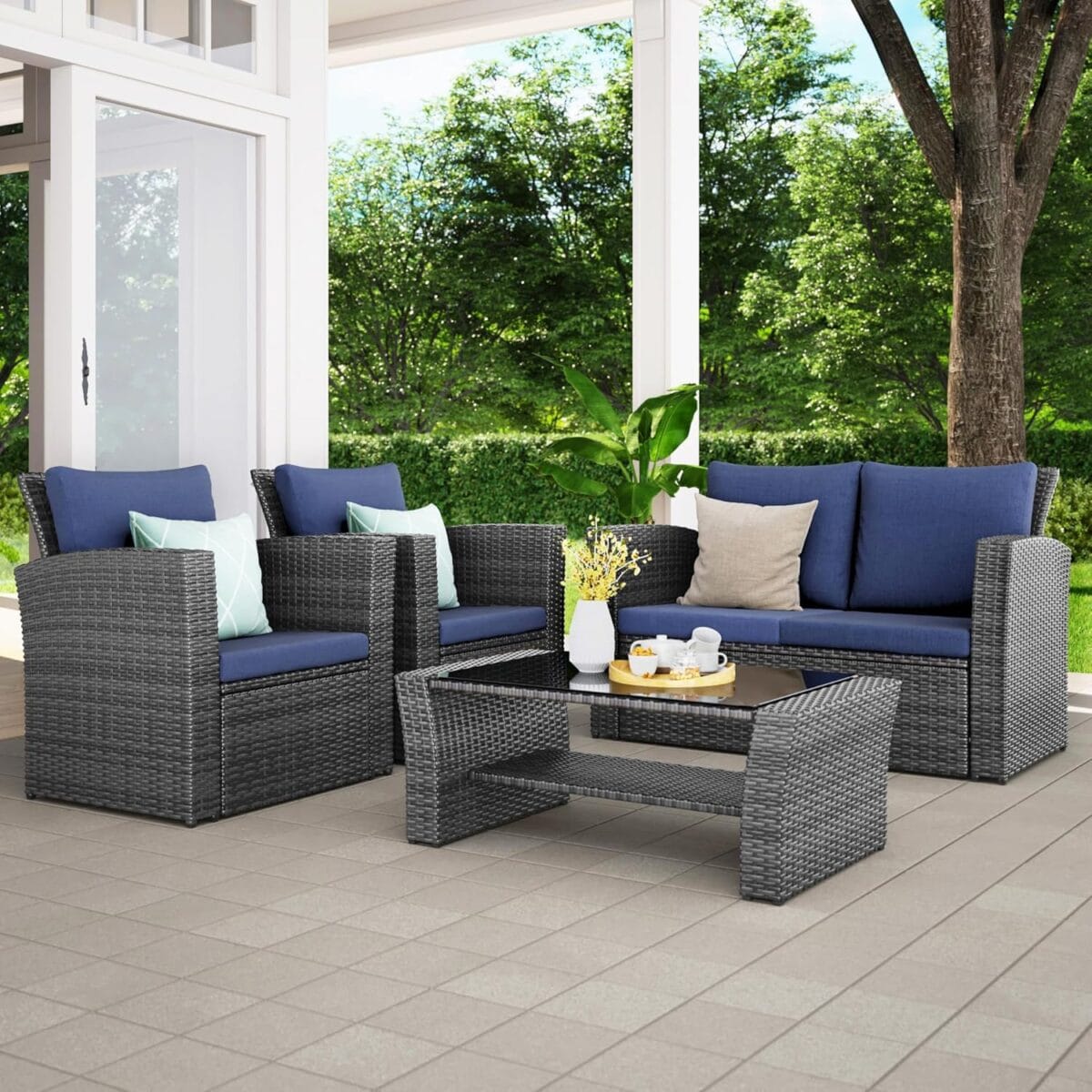 Wisteria Lane 4 Piece Outdoor Patio Furniture Sets, Wicker Conversation Set for Porch Deck, Grey Rattan Sofa Chair with Cushion Blue