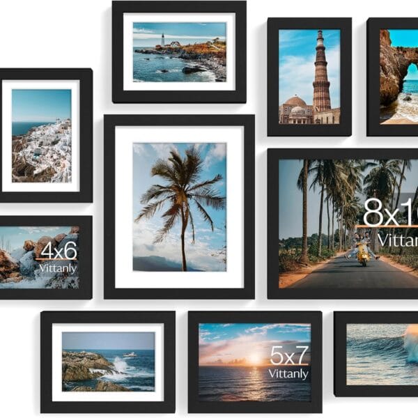 Vittanly 10 Pack Picture Frames Collage Wall Decor, Gallery Frame Set for Wall Mounting or Tabletop Display, Multi Sizes Including 2pcs 8x10, 4pcs 5x7, 4pcs 4x6, Black