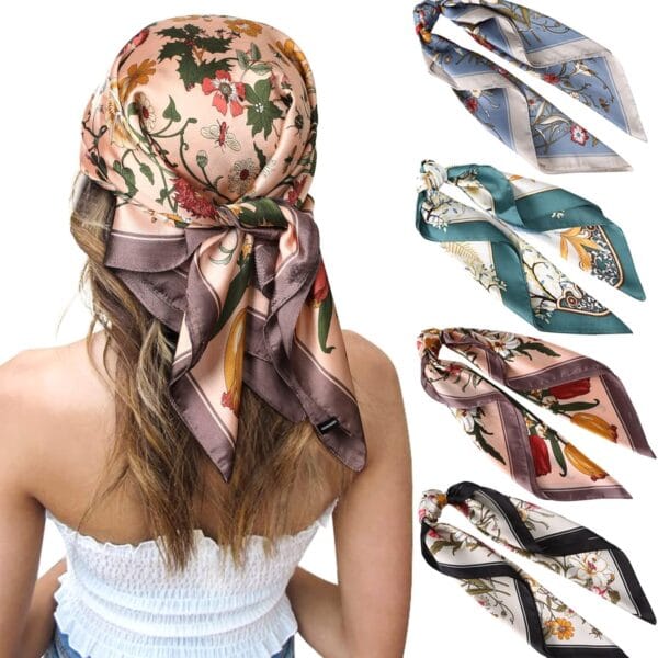 CHLINS 27 Inches Silk Feeling Square Head Scarf - 4 Pcs Satin Square Head Scarves for Women Hair Bandanas