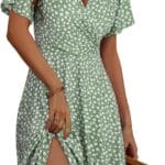 FENSACE Womens Sundress Summer Floral Short Sleeve Wrap V Neck A-Line Midi Dress