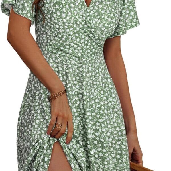 FENSACE Womens Sundress Summer Floral Short Sleeve Wrap V Neck A-Line Midi Dress