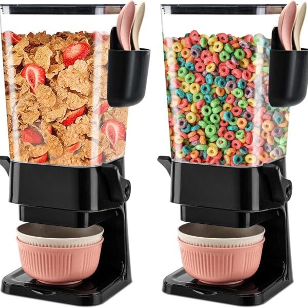 Cereal Dispenser Countertop Black 2 Pack with Bowls Spoons Cutlery Box,5.5 QT Dry Food Dispenser Snack Organizer Containers Storage for Pantry Kitchen Organization Oatmeal Nut Granola Candy