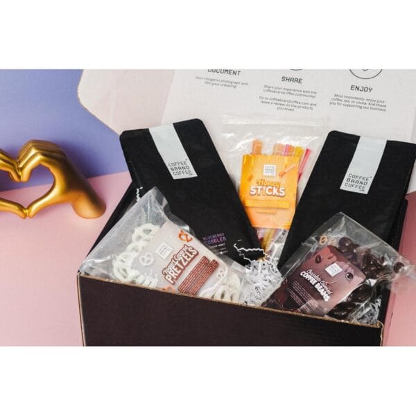 Mother's Day Coffee Gift Box, Gift For Mom - Blueberry Cobbler Ground Coffee, Columbian Medium Roast, Yogurt-Covered Pretzels, Universal K-Cup Adapter, Honey Sticks, and Chocolate-Covered Coffee Beans