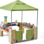 Step2 All Around Playtime Patio with Canopy, Kids Indoor/Outdoor Kitchen Playset & Sensory Playhouse, Made of Durable Plastic, Includes 16 Piece Toy Accessories, For Toddlers 2+ Years Old, Green