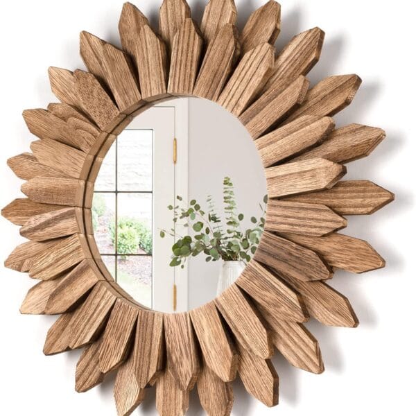 Honiway Wall Mirror Decorative 12 inch Rustic Wood Mirror Sunburst Boho Mirror for Entryway Bedroom Living Room Bathroom House Warming Gifts New Home Essential Carbonized Black