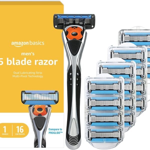 Amazon Basics 5-Blade MotionSphere Razor for Men with Dual Lubrication and Precision Trimmer, Handle & 16 Cartridges, Cartridges fit, Razor Handles only, 17 Piece Set, Black