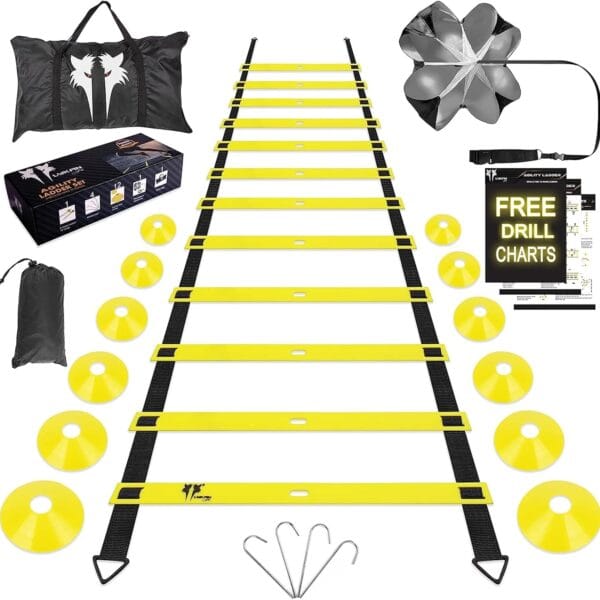20ft Sports Agility Ladder for Men Women and Kids, Speed Youth Soccer Agility Training Equipment for Football, Exercise, Tennis, Legs Workout with Speed Parachute, Cones and Carry Bag