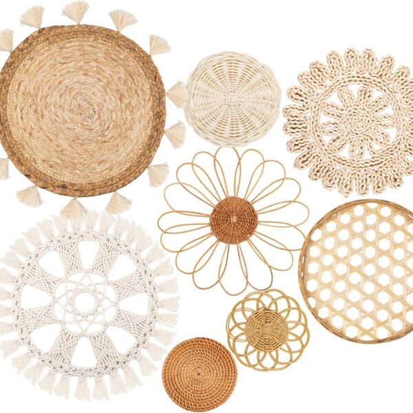 Boho Wall Basket Decor Set of 8 - Flat Woven Basket Wall Hanging Decor,Round Tassels White Macrame Tapestry Wall Decor Art,Handmade Rattan Wicker Seagrass Home Wall Baskets DecorBoho Classic)