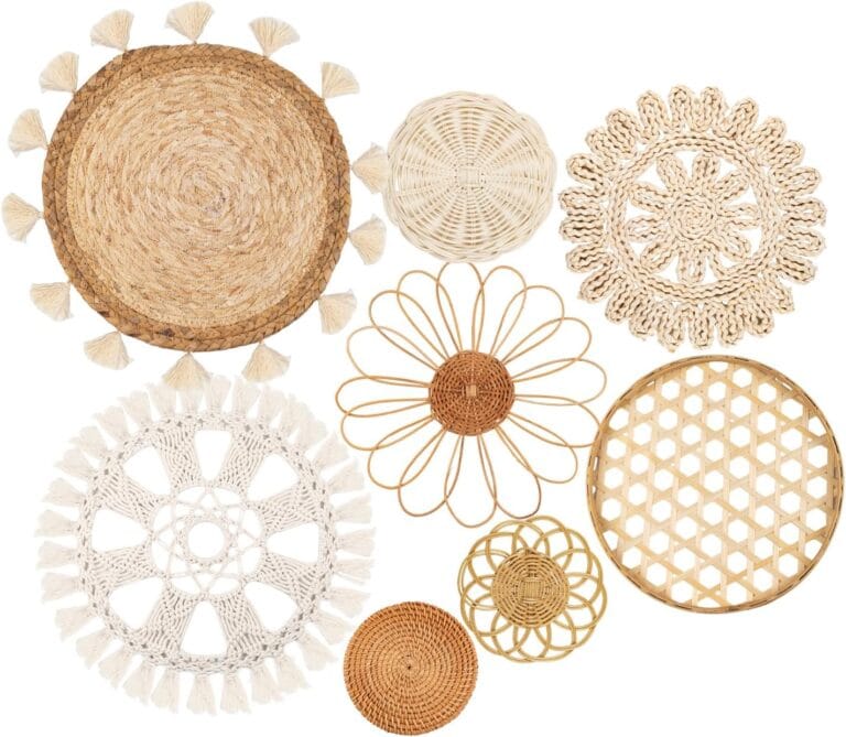 Boho Wall Basket Decor Set of 8 - Flat Woven Basket Wall Hanging Decor,Round Tassels White Macrame Tapestry Wall Decor Art,Handmade Rattan Wicker Seagrass Home Wall Baskets DecorBoho Classic)