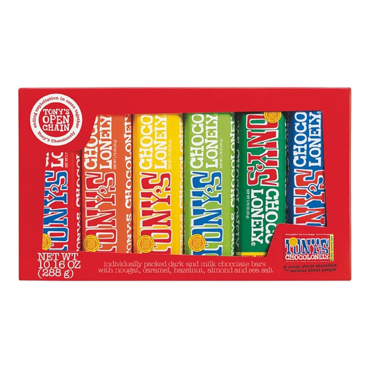 Tony's Chocolonely Chocolate Bar Variety Pack - Milk, Dark, Nougat, Caramel, Hazelnut, Almond & Sea Salt - 6 Individually Packed Bars
