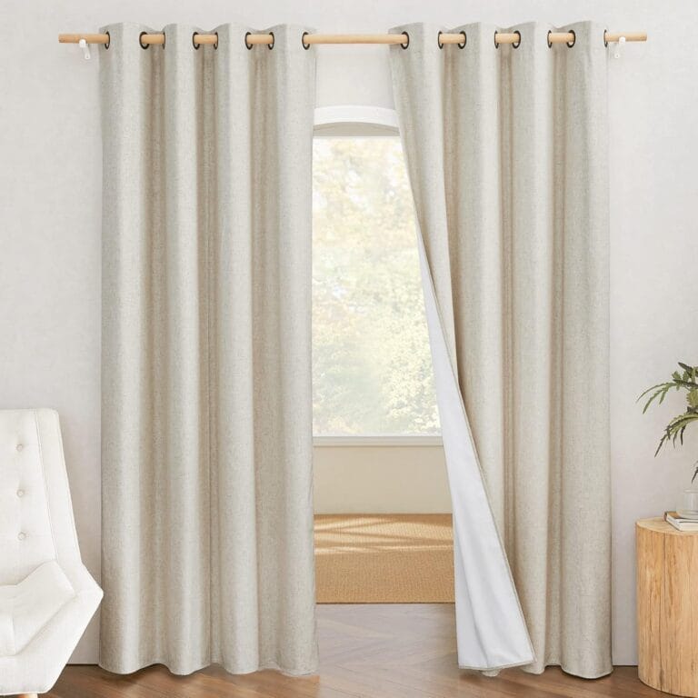 NICETOWN Natural 100% Blackout Linen Curtains 84 inch Long Burg for Living Room, 2 Panels, 52" Wide, Farmhouse Thick Completely Blackout Window Treatment Thermal Insulated Warm Drapes for Winter