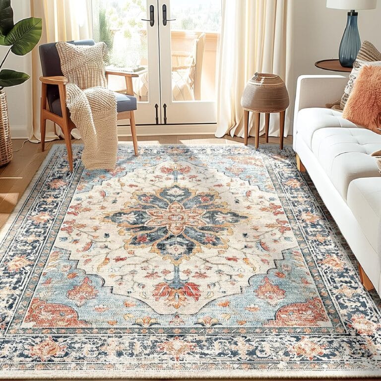 Area Rugs 5'x7' Washable Non-Slip, Floral Vintage Distress Print Pattern Medallion Carpet for Living Room Bedroom Dining Room, Beige Navy Blue Orange Colorful