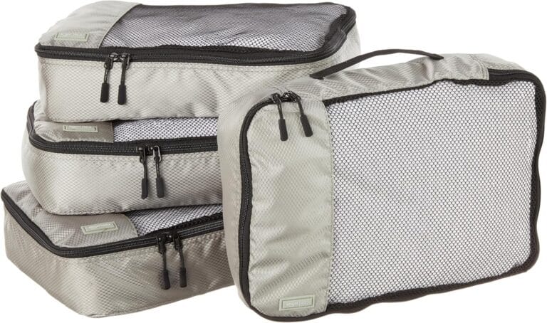 Amazon Basics Medium Packing Cubes for Travel, Packing Organizers, 4-Piece-Set With Double Zipper Pulls and Mesh Top Panel, 100% Durable Polyester, Gray, 13.8"L x 9.8"W x 3"H