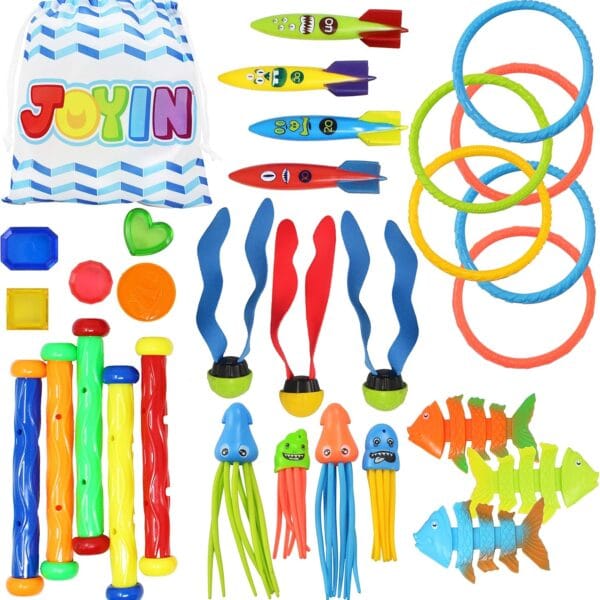 JOYIN 30 Pcs Diving Pool Toys for Kids Ages 3-12 Jumbo Set with Storage Bag Pool Games Summer Swim Water FishToys