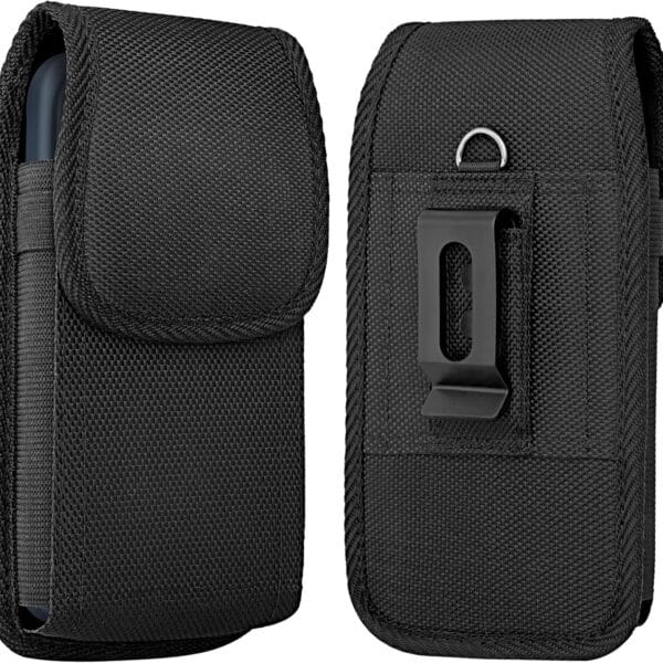 Holster for iPhone 16 15 14 13 12 11 Xs X XR/Pro Models, Cell Phone Belt Holder Case with Clip for Men, Heavy Duty Nylon Pouch (Fits Phone with Otterbox Cover on) Black