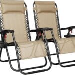 Yaheetech Zero Gravity Recliners Outdoor Adjustable Folding Reclining Lounge Chairs w/Pillows, Cup Holder Trays and Carry Strap for Patio Backyard Beach Beige Set of 2