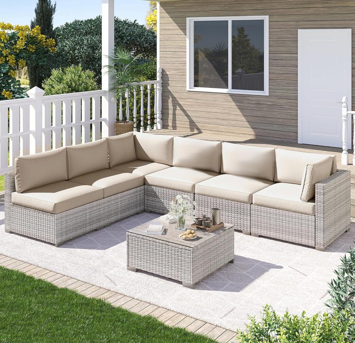 7 Piece Outdoor Patio Furniture Set, Outdoor Sectional Furniture, Rattan Chairs Glass Table Wicker Conversation Seating Sectional Sofa with Cushions (B-Grey White-Grey, B-Straight Back)
