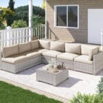 7 Piece Outdoor Patio Furniture Set, Outdoor Sectional Furniture, Rattan Chairs Glass Table Wicker Conversation Seating Sectional Sofa with Cushions (B-Grey White-Grey, B-Straight Back)