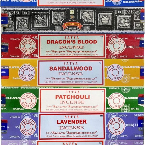 Satya Incense Gift Set Nag Champa, Super hit, Dragon's Blood, Sandalwood, Patchouli, Lavender, Positive Vibes, 15 g