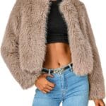 PRETTYGARDEN Women's 2025 Winter Coats Fleece Cropped Jacket Faux Fur Long Sleeve Pockets Shaggy Warm Outerwear Fall Clothes