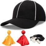 4Pcs Referee Hat Adjustable Official White Stripes Referee Cap,Stainless Steel Whistle and Yellow & Red Penalty Flag Ref Gear Accessories Great for Football Rugby Umpire Judges & Linesman Uniforms