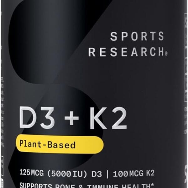 Sports Research Vegan D3 5000iu with Vitamin K2 100mg - Formulated with Coconut MCT Oil - Vegan Certified, Soy & Gluten Free - 60 Softgels