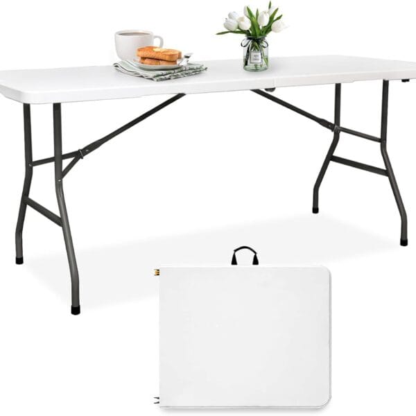 Folding Table 6FT HDPE 6 Foot Foldable Table Portable Banquet Surface Fold-in-Half Desk Utility for Working Meeting Parties, Picnic, Camping, Weddings, Catering, Garden Dining-White