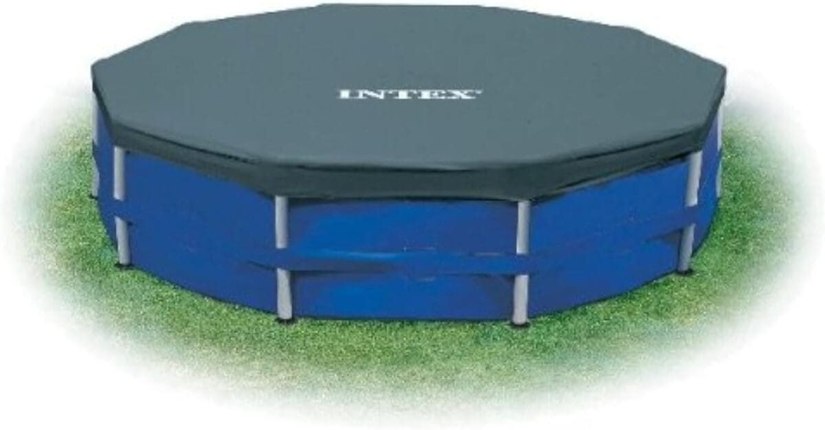 INTEX 28032E Pool Cover: for 15ft Round Metal Frame Pools  Includes Rope Tie  Drain Holes  10in Overhang  Snug Fit