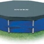 INTEX 28032E Pool Cover: for 15ft Round Metal Frame Pools  Includes Rope Tie  Drain Holes  10in Overhang  Snug Fit