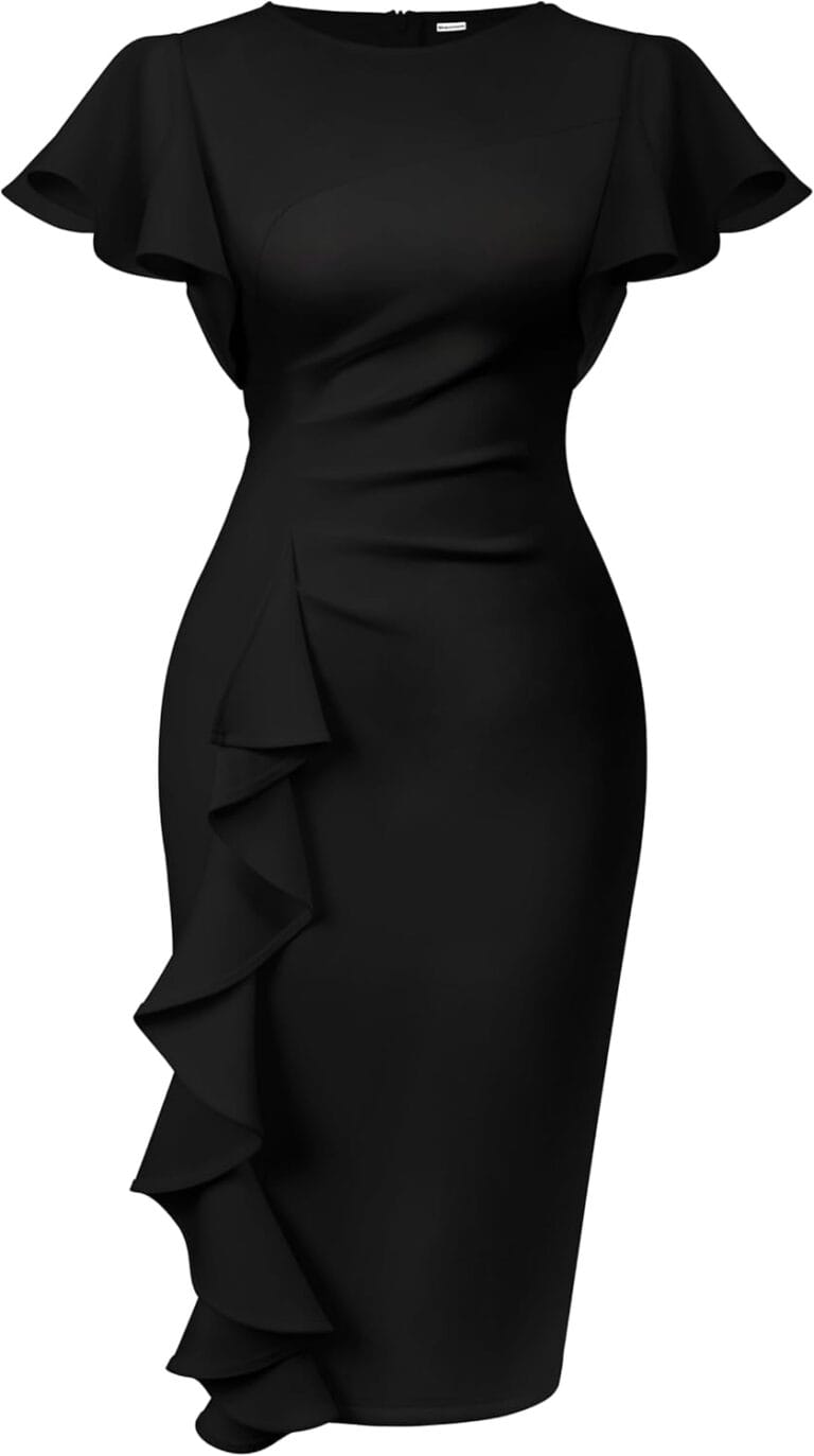 Memoriesea Women's Vintage Church Ruffle Sleeve Ruched Bodycon Work Midi Pencil Dress
