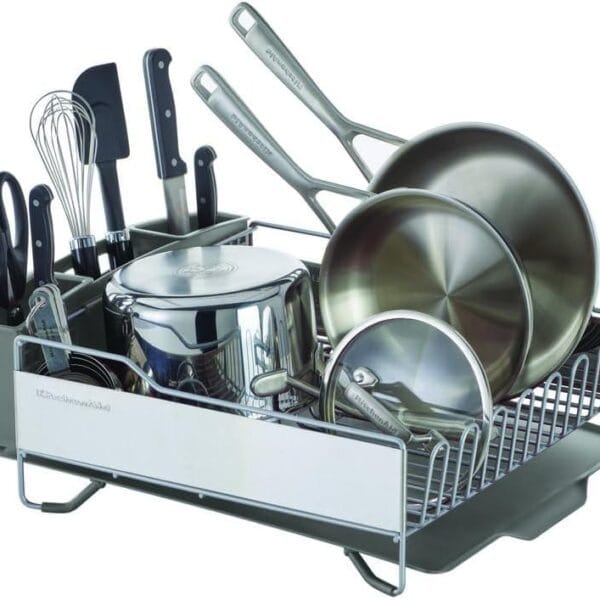 KitchenAid Large Capacity Full Size Rust Resistant Dish Rack with Angled Drain Board and Removable Flatware Caddy, Light Grey