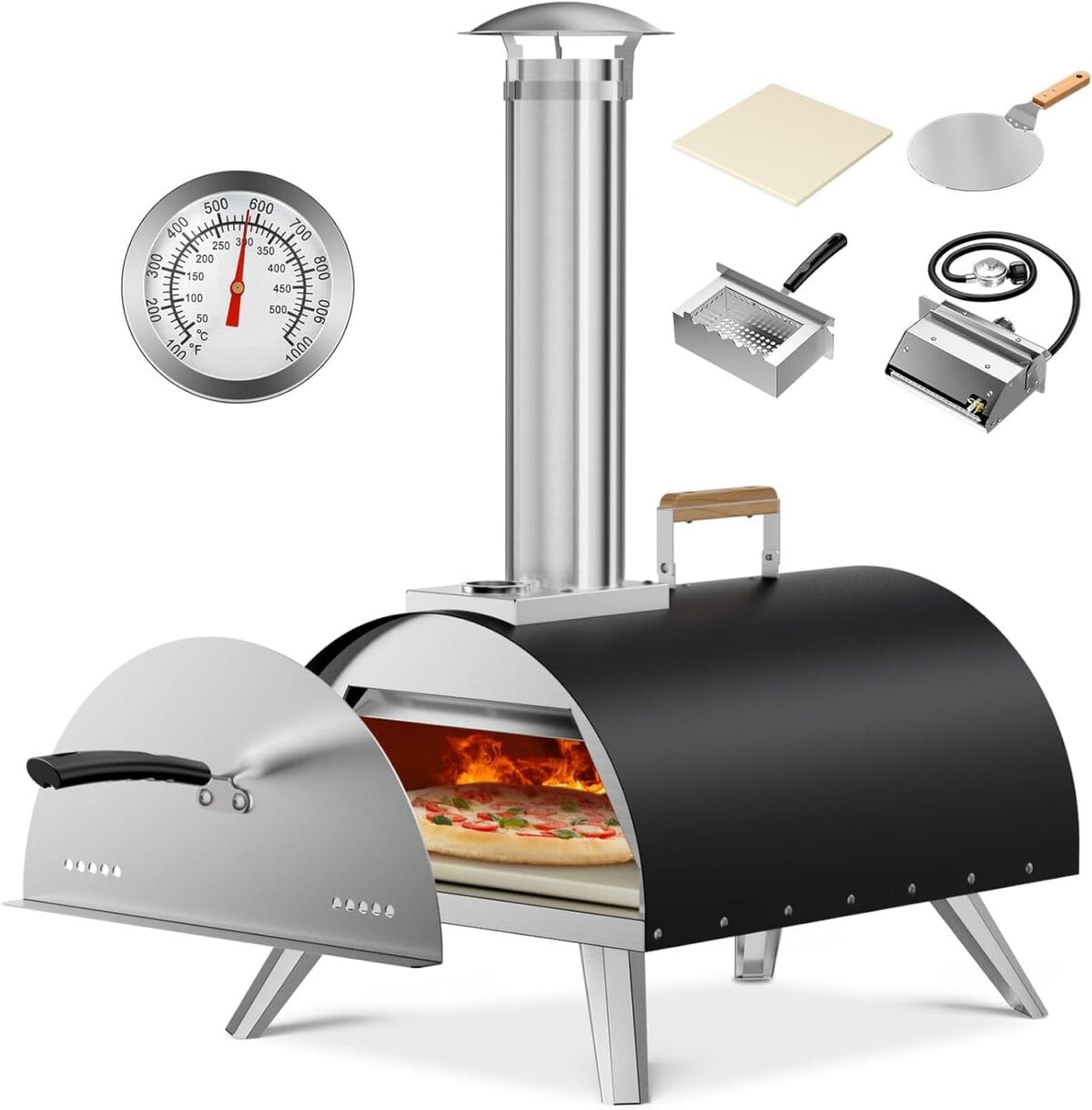 Multi-Fuel Pizza Oven Outdoor, 12" Portable Wood and Gas Fired Pizza Oven with Thermometer,Gas Hose & Pizza Stone,Heats up to 1000F,Stainless Steel Pizza Oven for Backyard or Camping (Black)