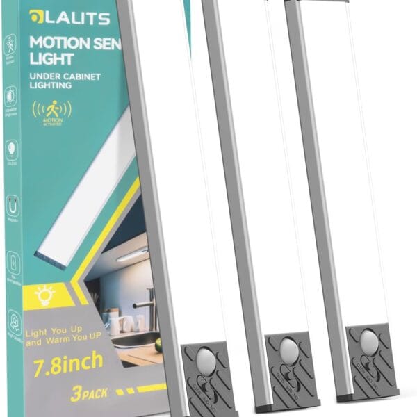 Under Cabinet Lighting, Equipped with Motion Sensor, Rechargeable Battery Operated3-Level Adjustable Brightness, 3 Pack Magnetic Under Counter Lights for Kitchen, Closet, Pantry, 7.8"