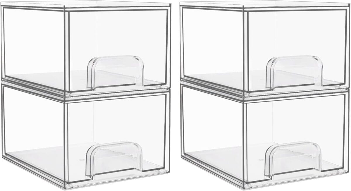 Vtopmart 4 Pack Clear Stackable Storage Drawers, 4.4'' Tall Acrylic Bathroom Makeup Organizer,Plastic Storage Bins For Vanity, Undersink, Kitchen Cabinets, Pantry, Home Organization
