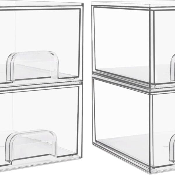 Vtopmart 4 Pack Clear Stackable Storage Drawers, 4.4'' Tall Acrylic Bathroom Makeup Organizer,Plastic Storage Bins For Vanity, Undersink, Kitchen Cabinets, Pantry, Home Organization