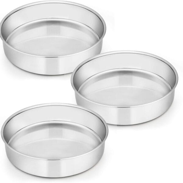 E-far 8 Inch Cake Pan Set of 3, Stainless Steel Round Layer Cake Baking Pans, Non-Toxic & Healthy, Mirror Finish & Dishwasher Safe