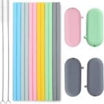 Sunseeke Silicone Straws Reusable - Odorless, 12 Standard Drinking Straws, 4 Carry Pouch, 2 Cleaning Brushes, Certificated Food Grade Platinum Silicone - 8 1/2" Long