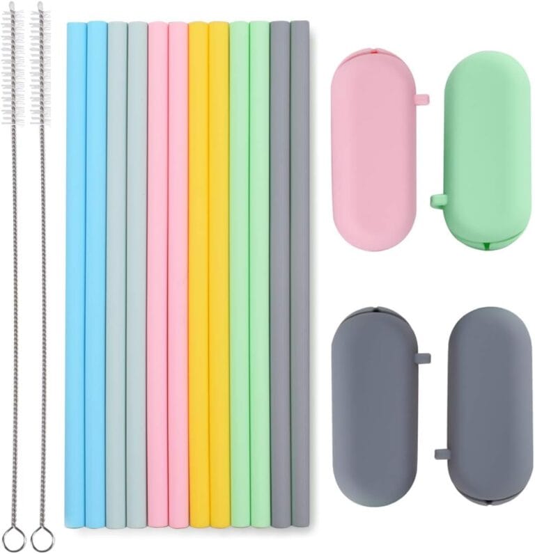 Sunseeke Silicone Straws Reusable - Odorless, 12 Standard Drinking Straws, 4 Carry Pouch, 2 Cleaning Brushes, Certificated Food Grade Platinum Silicone - 8 1/2" Long