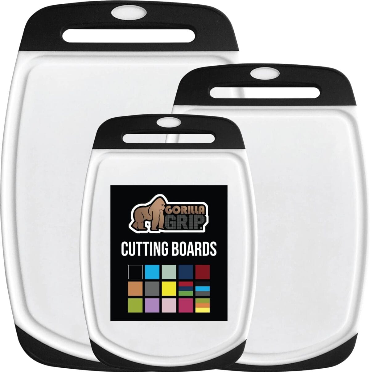 GORILLA GRIP 100% BPA-Free Reversible Kitchen Cutting Board Set of 3, Nonporous, Juice Grooves to Catch Liquid, Slip Resistant Handle Border, Dishwasher Safe, Durable Large Food Chopping Boards, Black