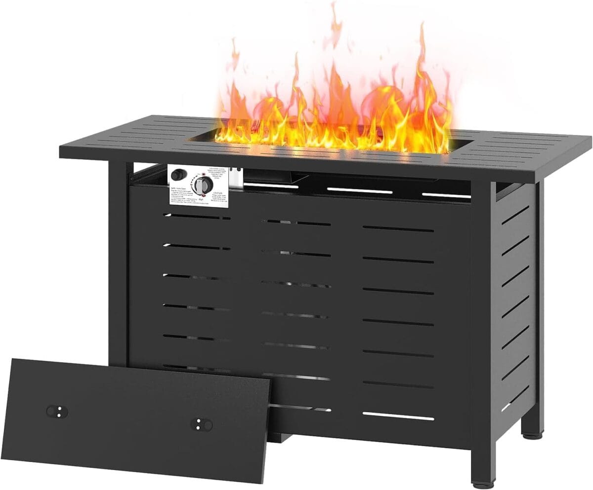 41 in Propane Fire Pit Table by Aoxun, 50,000 BTU Outdoor Gas Fire Table with Waterproof Cover, Rectangular Steel Fire Table with Lid and Lava Rock for Outdoor, Patio, Backyard,Metal Black