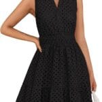 ZESICA Women's Summer Sleeveless Mini Dress V Neck Hollow Out Eyelet High Waist A Line Swing Short Party Dresses