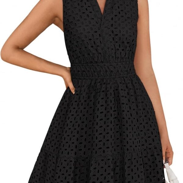 ZESICA Women's Summer Sleeveless Mini Dress V Neck Hollow Out Eyelet High Waist A Line Swing Short Party Dresses